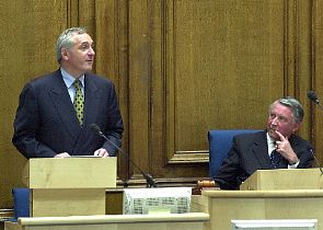 After an introduction to the other main Party leaders, Mr Ahern was given an enthusiastic welcome by MSPs, guests and a packed public gallery when he entered the Assembly Hall Chamber to address Parliamentarians - Photograph © 2005 Scottish Parliamentary Corporate Body