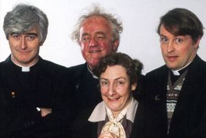 From left to right: Dermot Morgan (Father Ted), Frank Kelly (Father Jack), Pauline McLynn (Mrs Doyle), and Ardal O'Hanlon (Dougal)